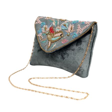 Grey Beaded Cotton Bird Design Sling Bag For Women 